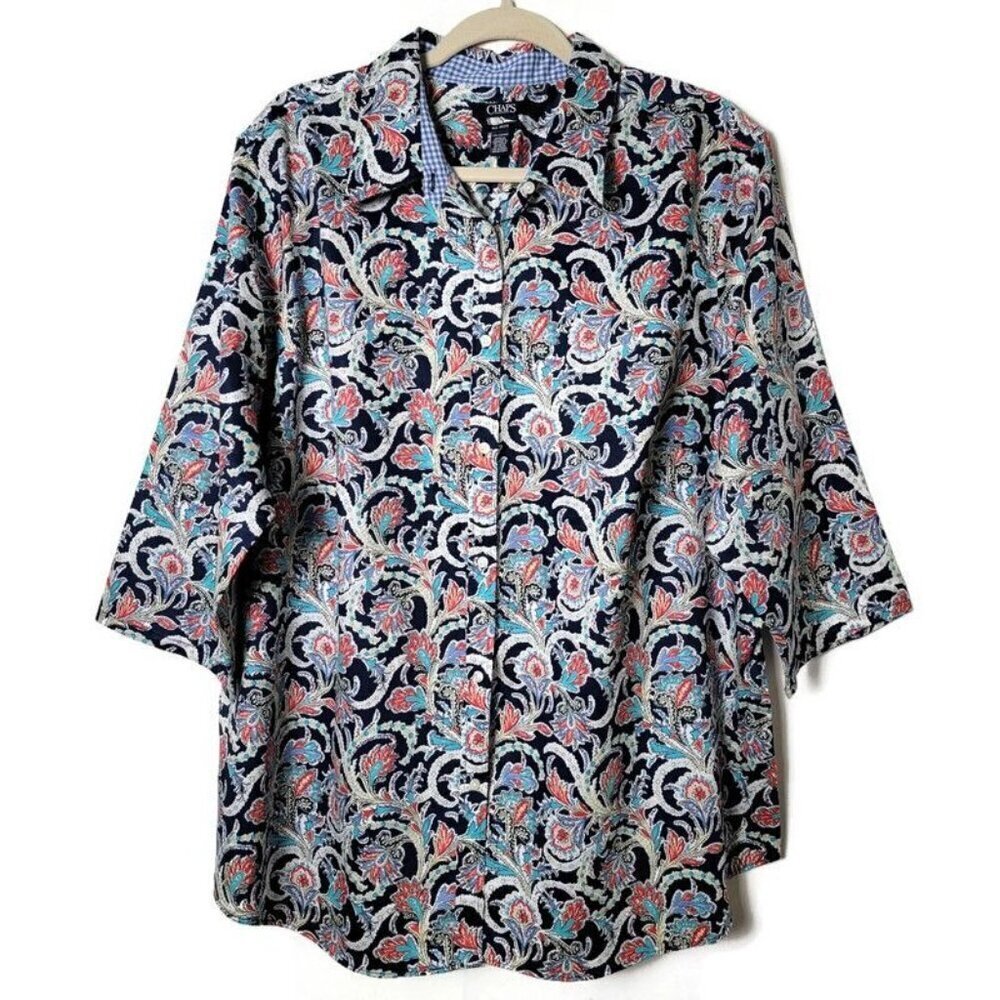 Chaps by Ralph Lauren Womens Blue Floral Paisley 3/4 Sleeves Button Up Top 2X